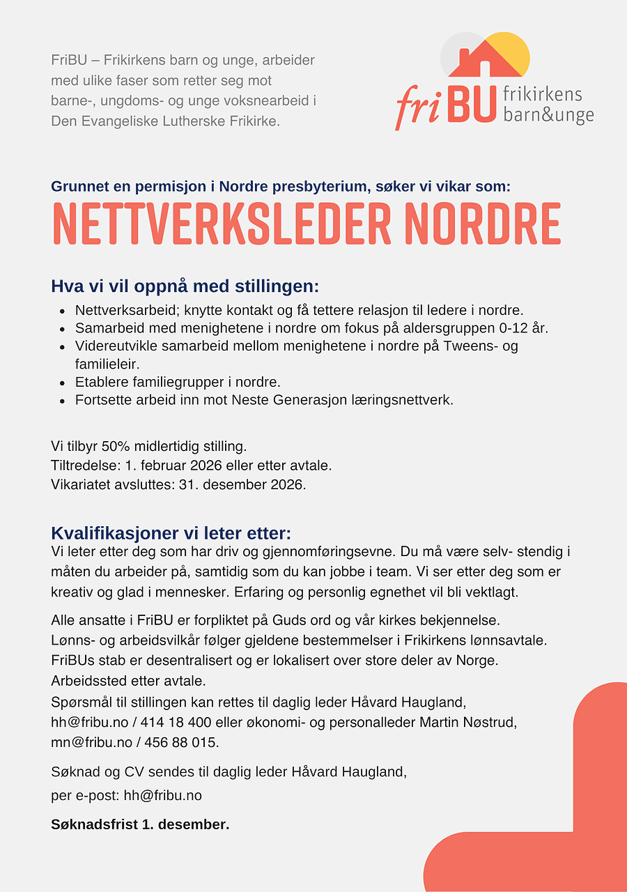 FriBU stillingsannonse nettverksleder Nordre vikar 1